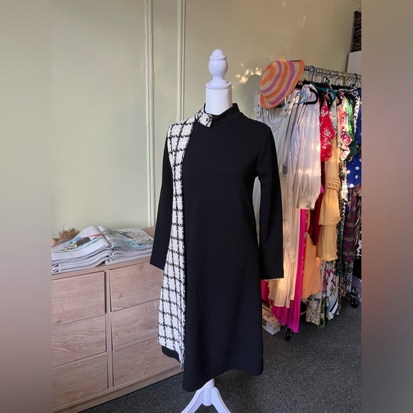 White Gold Tweed & Black Colorblock Mockneck Thick Modest Formal Pencil Dress S - Picture 3 of 16